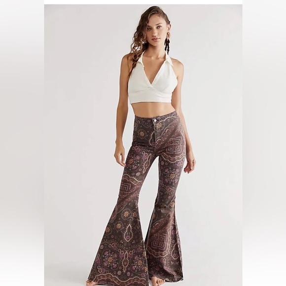 Free People Denim - Free People Just Float On Printed Flare Jeans Chocolate Combo
